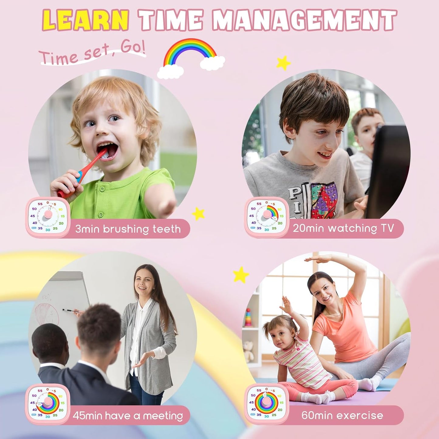 HIPPIH Visual Timer for Kids - 60 Minute Pomodoro Timers for Classroom Kitchen Office, Countdown Kids Timer Clock with Rainbow Disk, Desk Time Management Tool for Toddler with Silent Operation, Blue