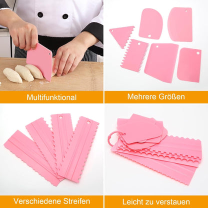 12 Pcs Adjustable Cake Smoother Set, Plastic Cake Decorating Tools Comb and Dough Scrapers for Baking Pastries (Pink)