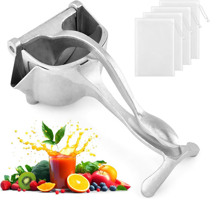 Manual Hand Juicer Squeezer, Aluminum Alloy Citrus Press with V-Spout, Includes 4 Reusable Filter Bags, for Lemon Lime Orange Grapefruit, Hand-Wash Only (Silver)