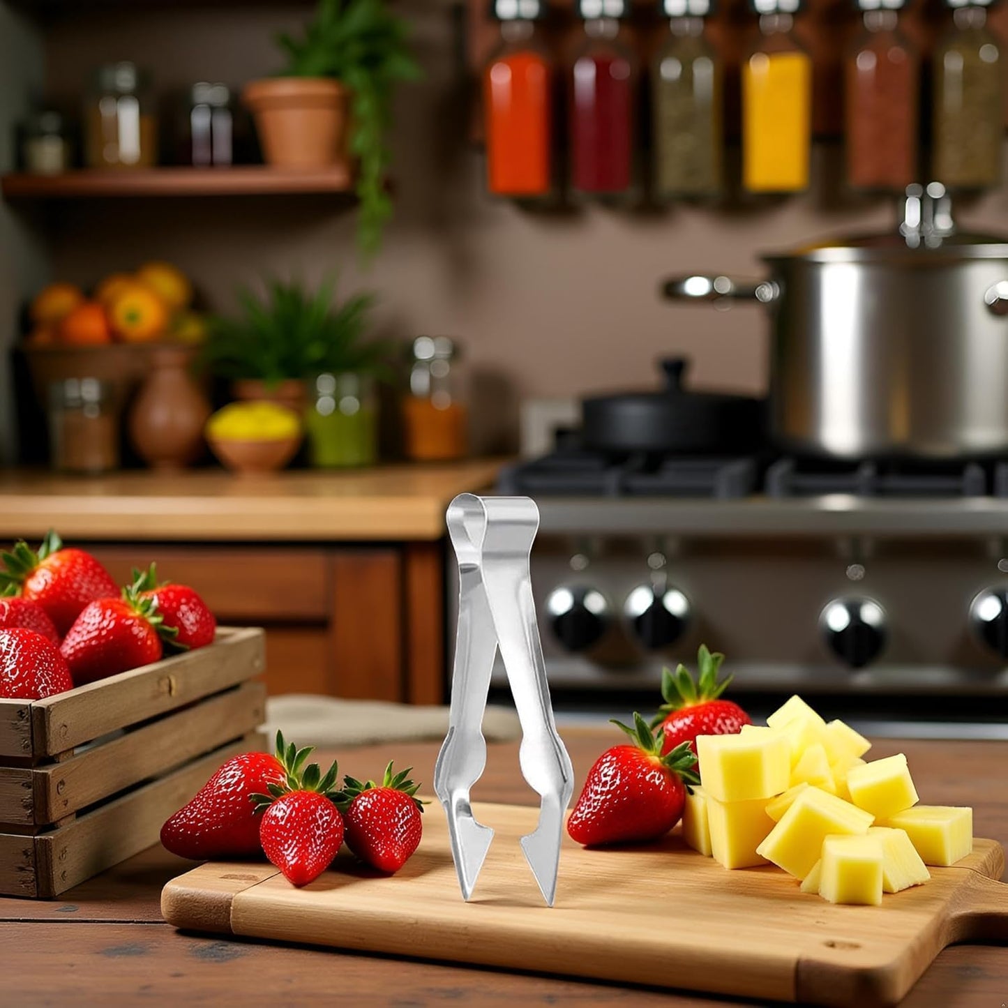 Multi-Functional Fruit & Vegetable Stem Remover Clip, Strawberry Huller, Pineapple Eye Remover, Kitchen Gadget, Silver Stainless Steel Handle