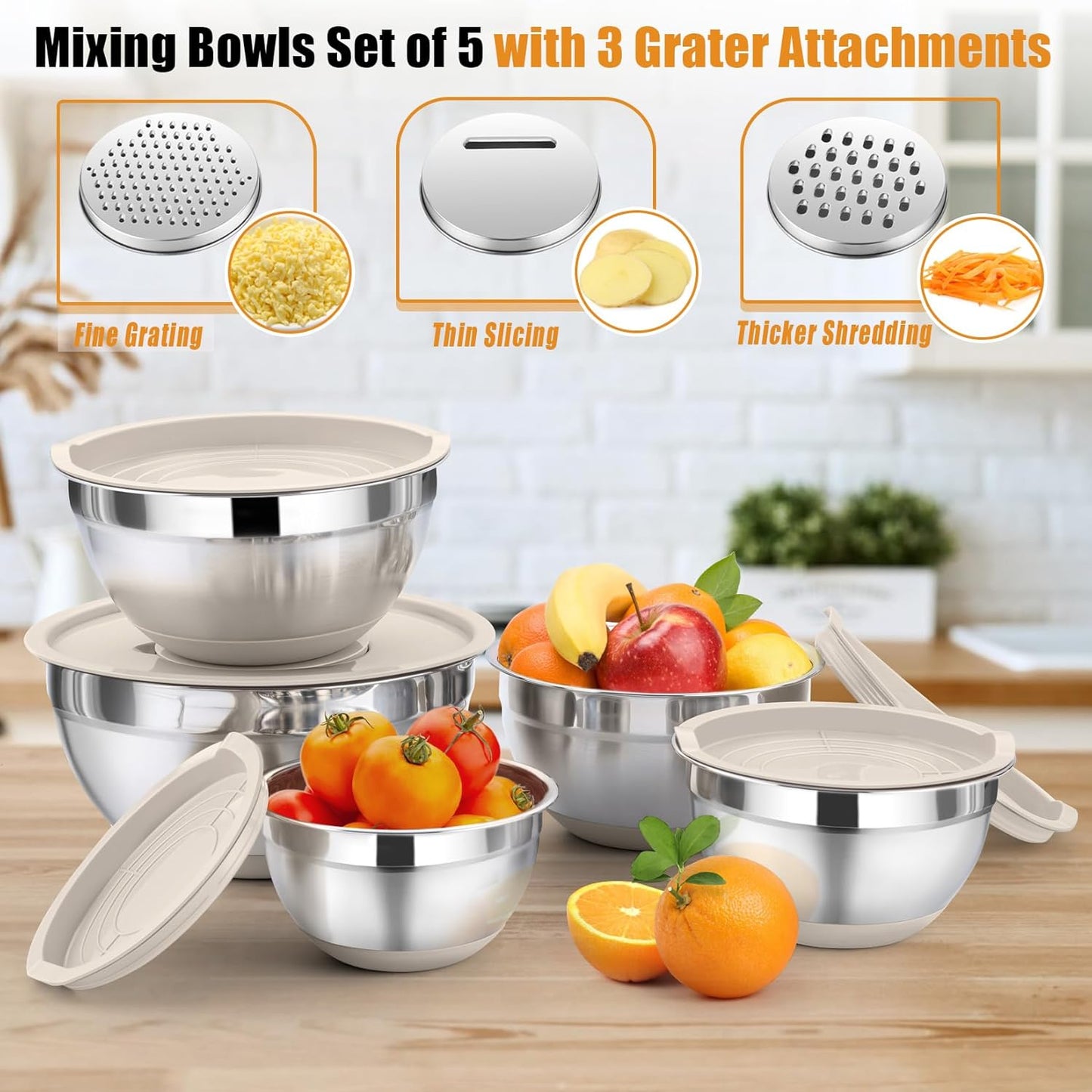 P&P CHEF Mixing Bowl with Lid Set, 5 Piece Stainless Steel Mixing Nesting Bowls for Salad Storage, 3 Grater Attachments & Non-Slip Bottoms, Size 1/1.5/2 / 2.6/4.6 QT, Multicolor