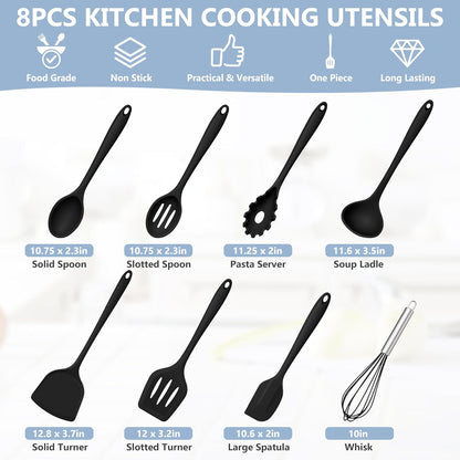 TeamFar 8 PCS Silicone Cooking Utensils - 446°F Heat Resistant Kitchen Silicon Utensils Set, Turner, Spatula, Spoon, Whisk, Kitchen Cooking Gadgets Tools for Nonstick Cookware, Dishwasher Safe-Black