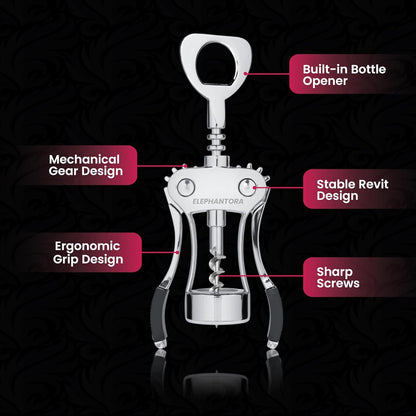 Wine Opener with Built-in Bottle Opener,Wing Corkscrew,Heavy Duty Screw, Sturdy Lever Mechanism, Ergonomic Handles, Premium Quality