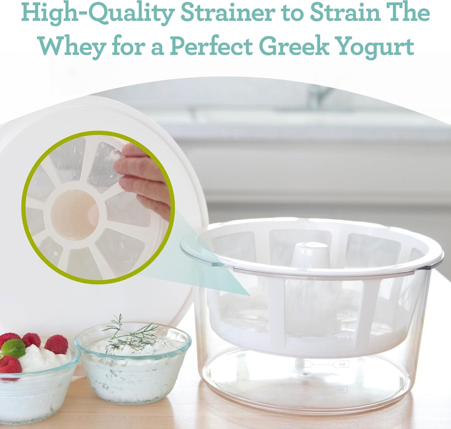 Euro Cuisine GY50 Greek Yogurt Maker with Ultra Fine Mesh Strainer Basket, BPA Free, Patented Greek Yogurt Strainer for Homemade Greek Yogurt (White)