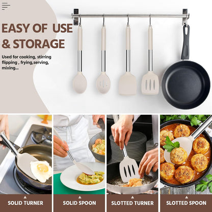 E-far Cooking Utensils Set of 4, Silicone Kitchen Utensils for Non-stick Cookware, Heat Resistant & Non-toxic Slotted Spatula Solid Spoon Turner for Flipping Mixing Serving Basting(Black)