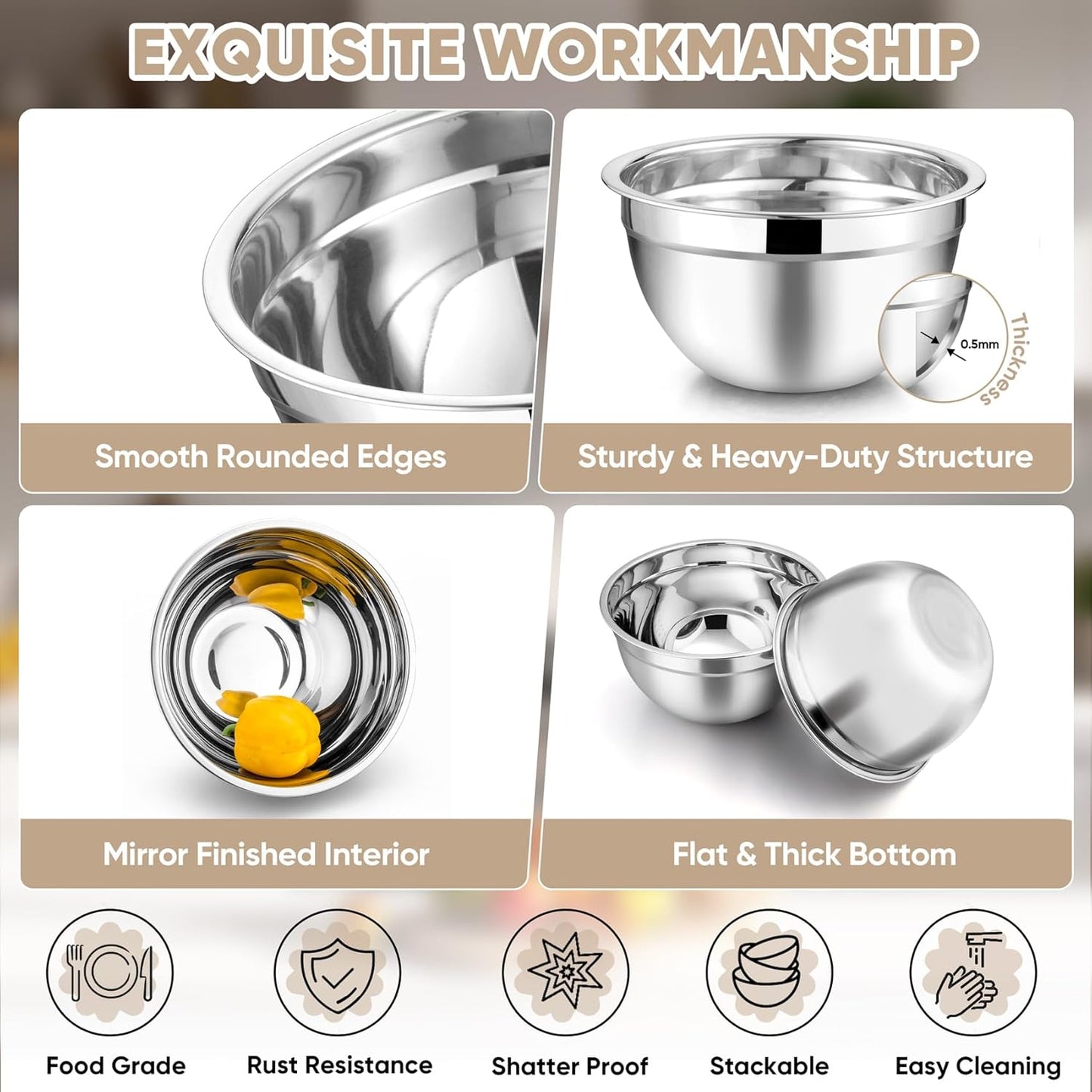 TeamFar Mixing Bowls with Lids, 5-Piece Stainless Steel Metal Nesting Salad Bowl for Mixing Prepping, Healthy & Heavy Duty, Airtight Lids & Dishwasher Safe, 4.5/3/1.5/1/0.7 QT-Khaki