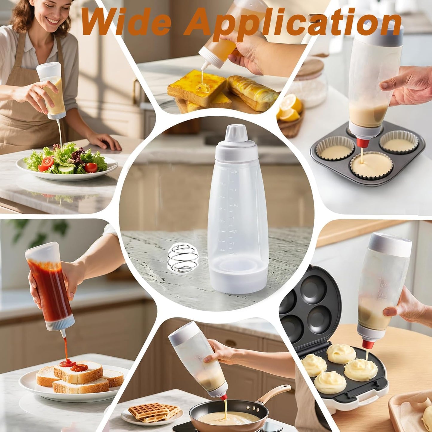 Pancake Batter Dispenser,Pancake Batter Dispenser Bottle with Whisk Ball, 1000ML Batter Mixer and Dispenser for Pancakes, Crepes, Waffle,Kitchen Baking Tool, 2 Pack