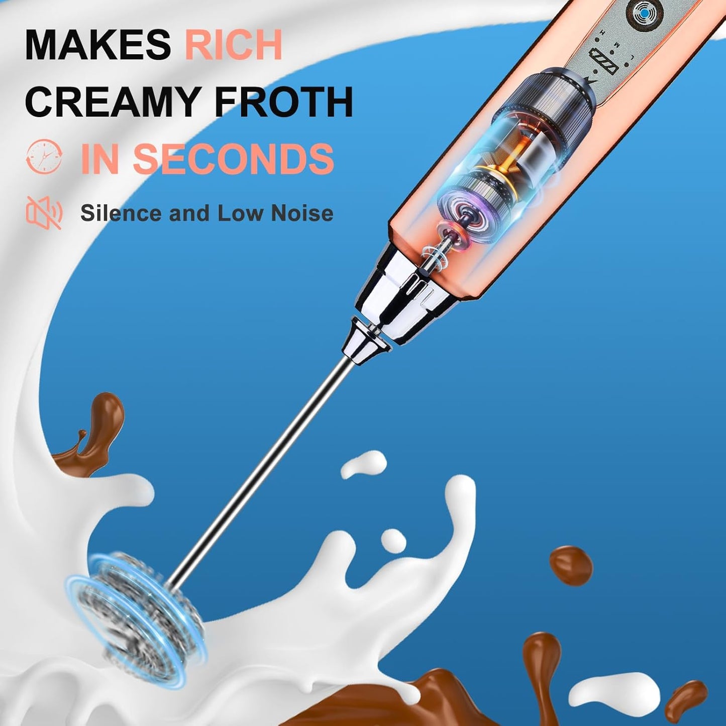YUSWKO Black Handheld Milk Frother Wand for Coffee, Rechargeable Electric Whisk with 3 Heads 3 Speeds Drink Mixer Coffee Frother For Latte, Cappuccino, Hot Chocolate, Egg