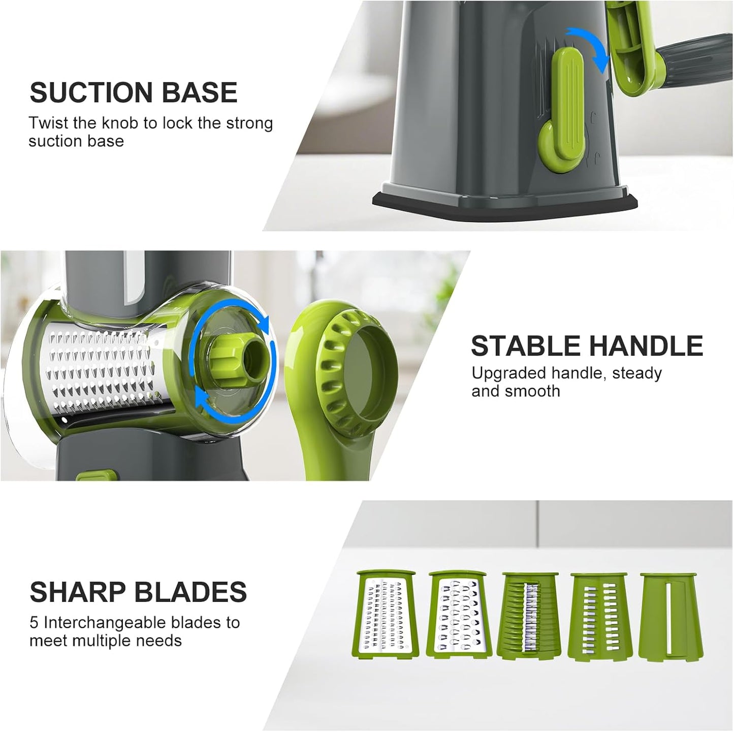 Ourokhome Rotary Cheese Grater Cheese Shredder with 5 Interchangeable Blades, Rotary Grater with Non-slip Suction Base Hand Crank Slicer for Vegetable Nuts Grey