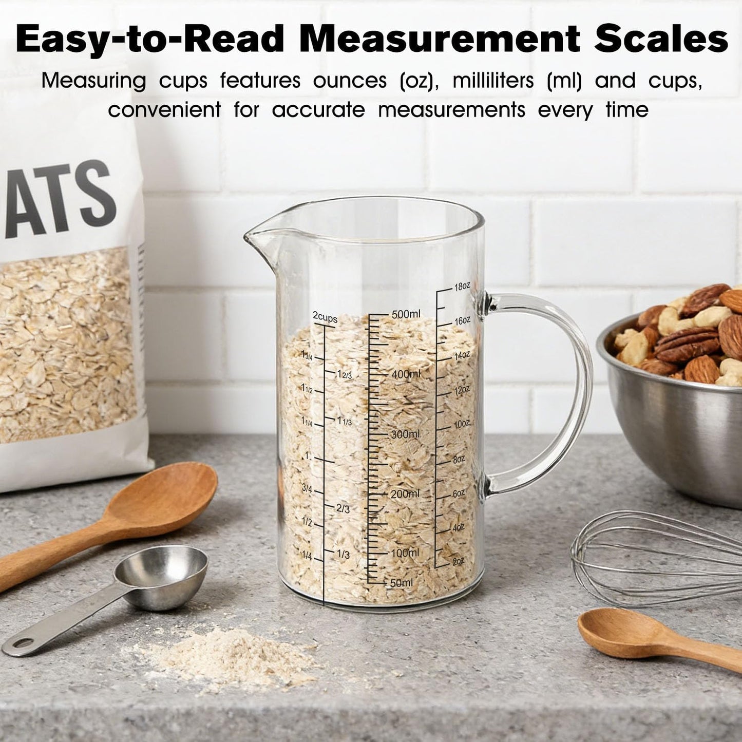 18OZ 500ML Glass Measuring Cup with Insulated Handle, 2 Cups Borosilicate Glass Measuring Cups – Easy Read Liquid Measuring Cups with V-Shaped Spout, 3 Scales (OZ,ML,Cup), for Baking Coffee Milk