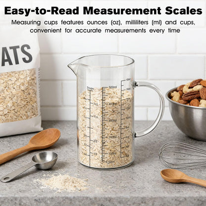 18OZ 500ML Glass Measuring Cup with Insulated Handle, 2 Cups Borosilicate Glass Measuring Cups – Easy Read Liquid Measuring Cups with V-Shaped Spout, 3 Scales (OZ,ML,Cup), for Baking Coffee Milk
