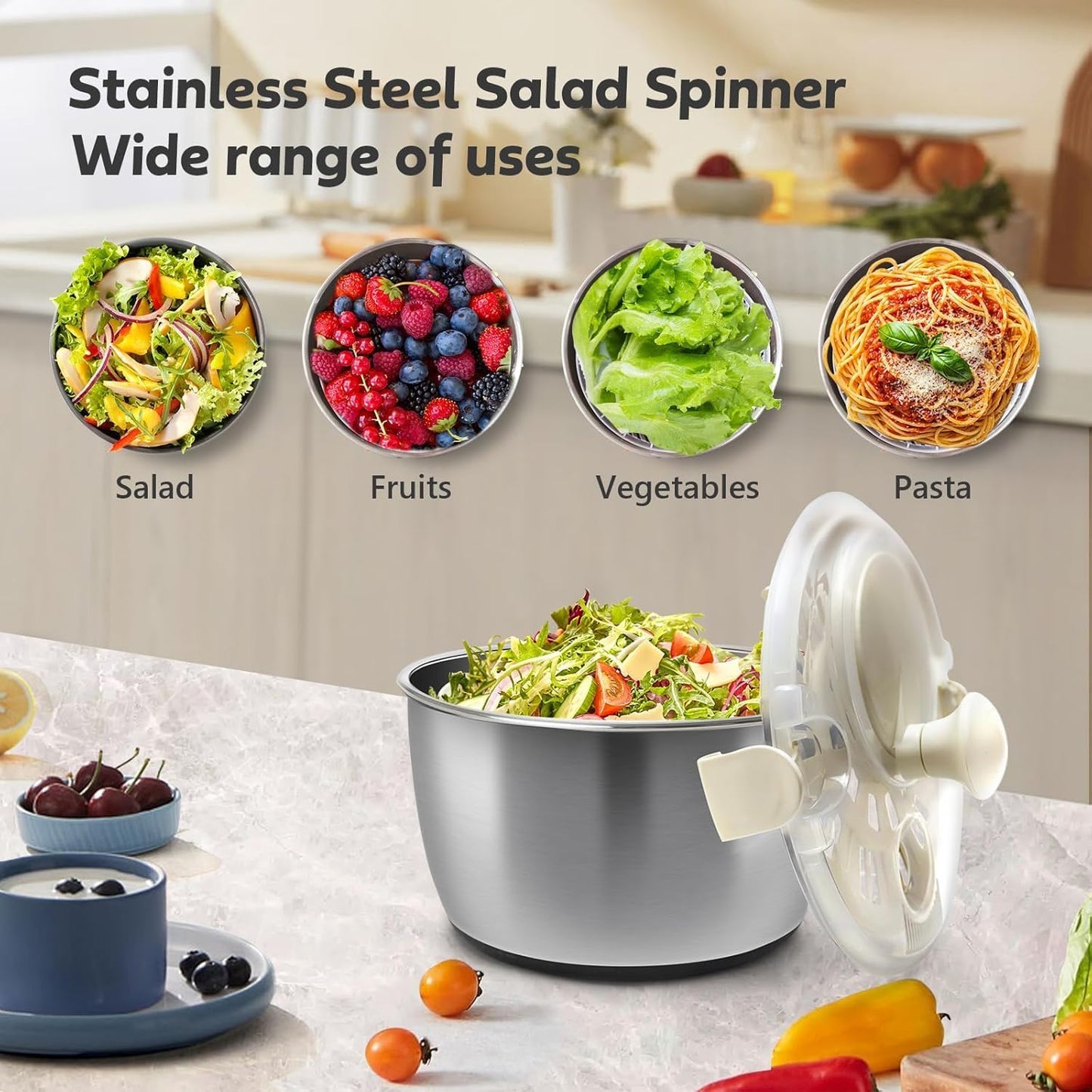 5.3QT Stainless Steel Salad Spinner - Large Capacity Vegetable & Fruit Washer Cleaner, Salad Dryer with Quick Spin & Drain Outlet, Multi-Use Colander