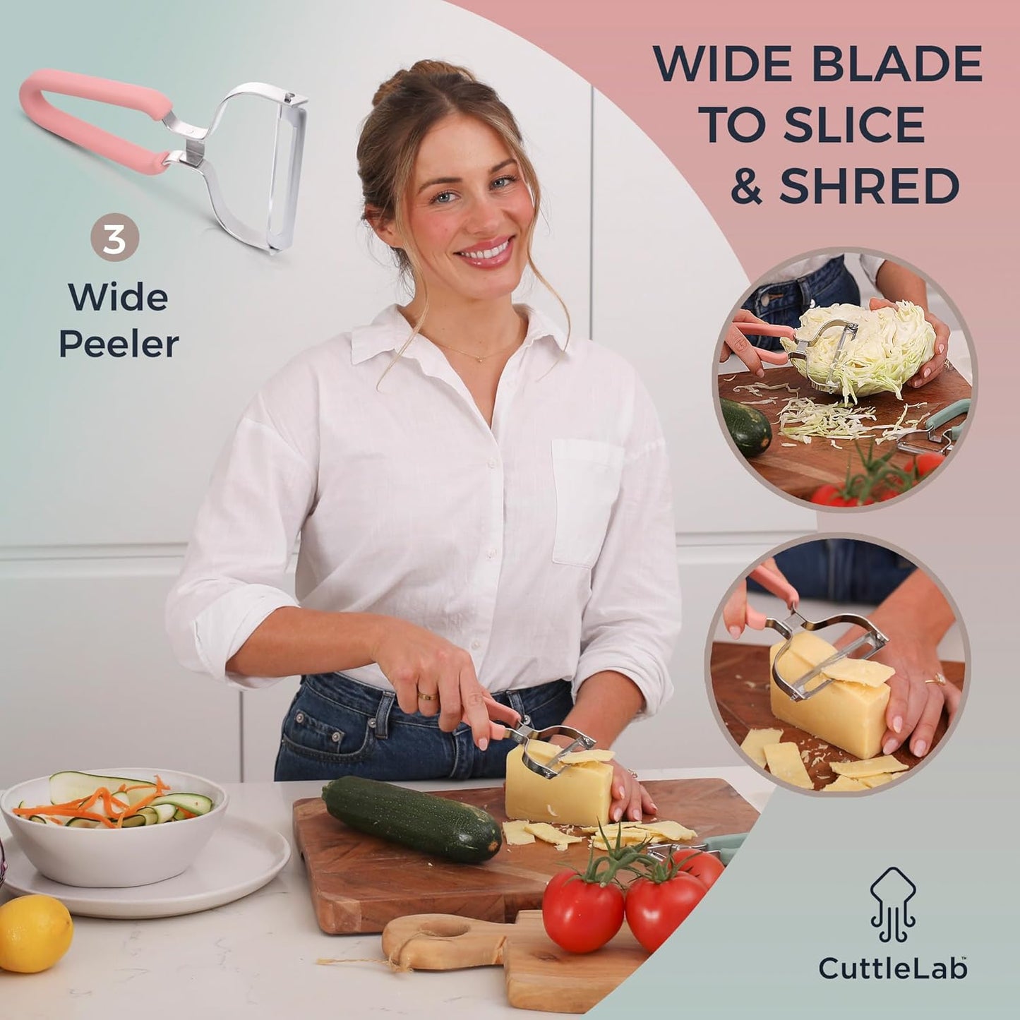 CuttleLab Vegetable Peeler Set – Serrated, Straight & Wide Blades- great apple peeler & potato peelers, Carrots, Zucchini, Cucumbers – Soft Grip Handle- Eye Remover – Dishwasher Safe (3, Country Chic)