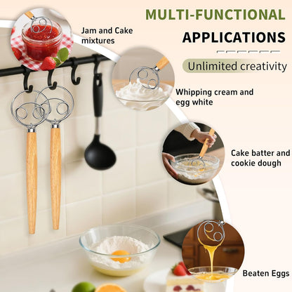 Danish Dough Whisk Stainless Steel Dough Hook Dutch Whisk for Sourdough Bread Dough Mixer Hand Wooden Handle Kitchen Whisking Mixing Tool Bread Making Tools and Supplies (3 Pack Black)