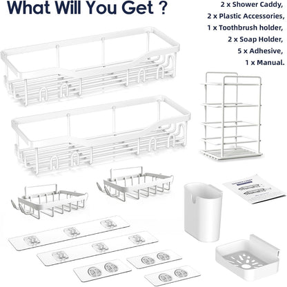 NESOMI Shower Caddy Adhesive Shower Organizer 7-Pack, Rustproof Stainless Steel Bathroom Shelves, Large Capacity No-Drill Rack Storage Accessories with Soap Dish Toothbrush Holder &24 Hooks Home Decor
