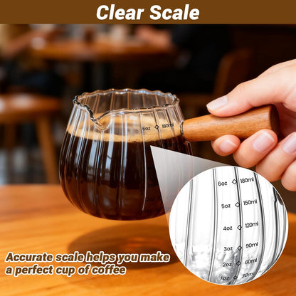 Espresso Cups 6 Oz, Espresso Measuring Cup with Wood Handle, Milk Frothing Cup, Glass Measuring Cup for Coffee, Milk, Tea or Maple Syrup Serving