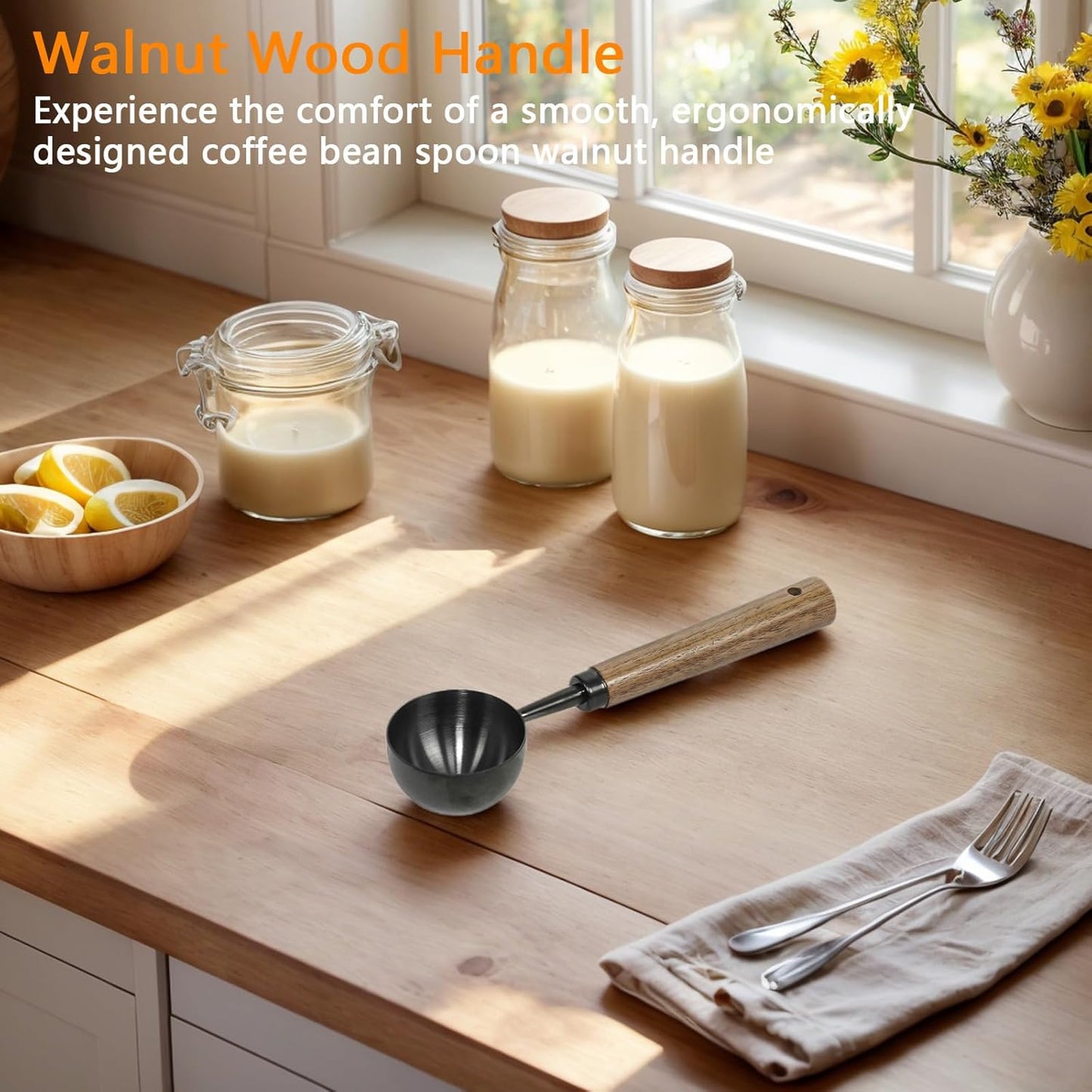 Stainless Steel Coffee Scoop with Walnut Handle - 2 Tablespoon Metal Measuring Spoon for ground Coffee, Espresso, Bath Salts, Formula - Durable Multi-Purpose Scooper (Silvery)