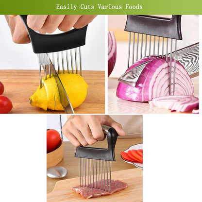 Onion Holder for Slicing - Stainless Steel Vegetable & Fruit Cutter Chopper for Onions,Potatoes, Tomatoes, Avocados, Eggs, Lemon &Meat - Kitchen Slicer Assistant with Neat Guide & Tenderizer.