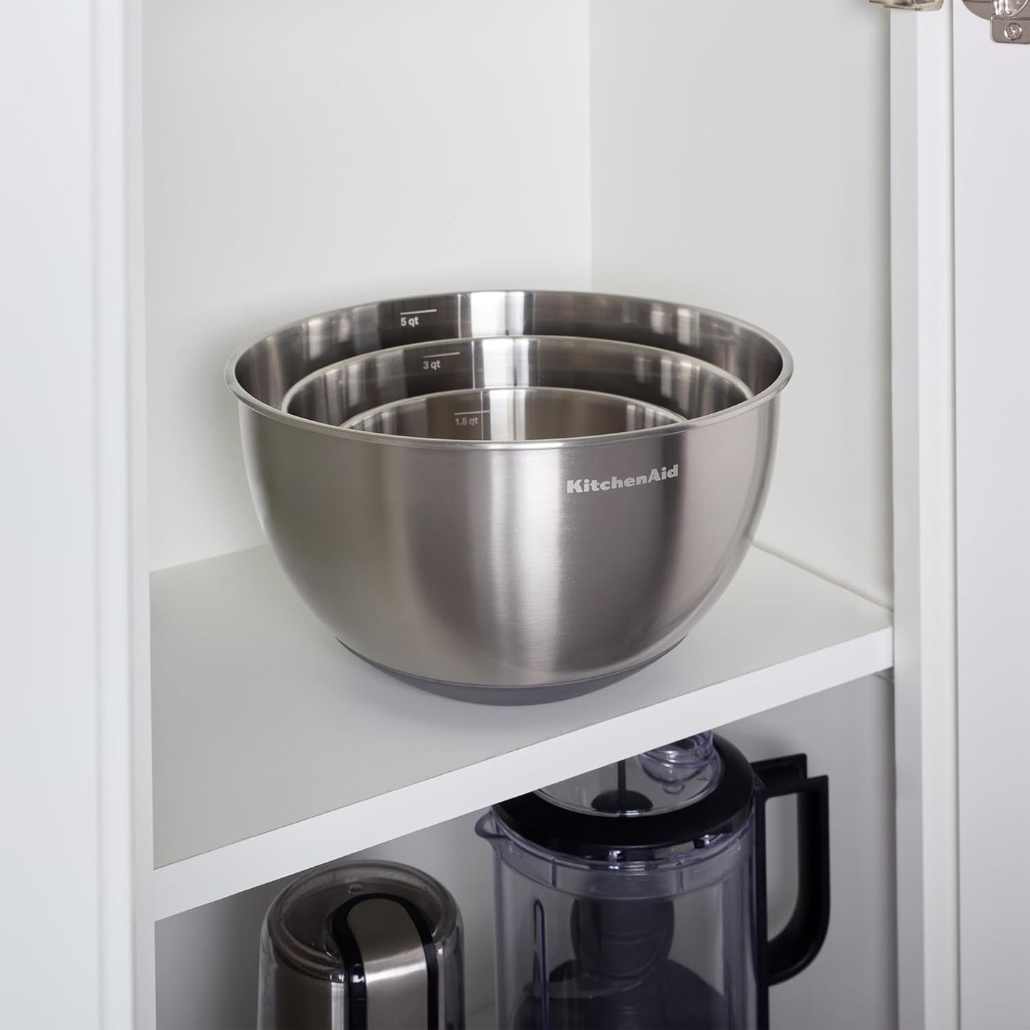 KitchenAid Universal Nesting Plastic Mixing Bowls, Set Of 3, 2.5 quart, 3.5 quart, 4.5 quart, Non Slip Base with Easy Pour Spout to Reduce Mess, Dishwasher Safe, Aqua Sky, White, Gray