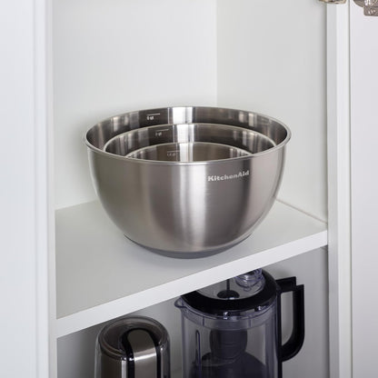KitchenAid Universal Nesting Plastic Mixing Bowls, Set Of 3, 2.5 quart, 3.5 quart, 4.5 quart, Non Slip Base with Easy Pour Spout to Reduce Mess, Dishwasher Safe, Aqua Sky, White, Gray
