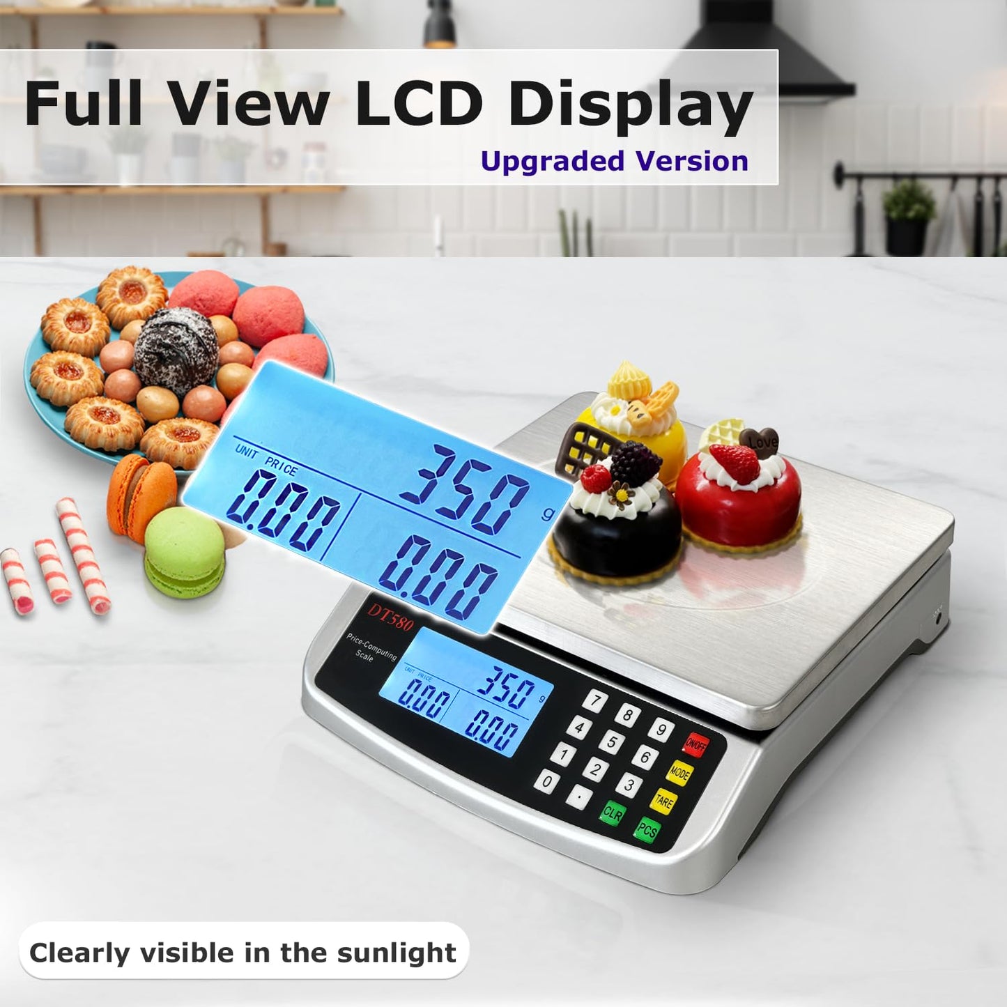 Large Digital Kitchen Scale 40kg/88lb Stainless Steel Price Computing Scale Counting Scale Deli Scale with LCD Display for Baking Bread Cooking Meat Prep Parts and Coins Adapter Included