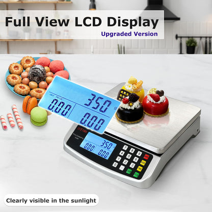 Large Digital Kitchen Scale 40kg/88lb Stainless Steel Price Computing Scale Counting Scale Deli Scale with LCD Display for Baking Bread Cooking Meat Prep Parts and Coins Adapter Included