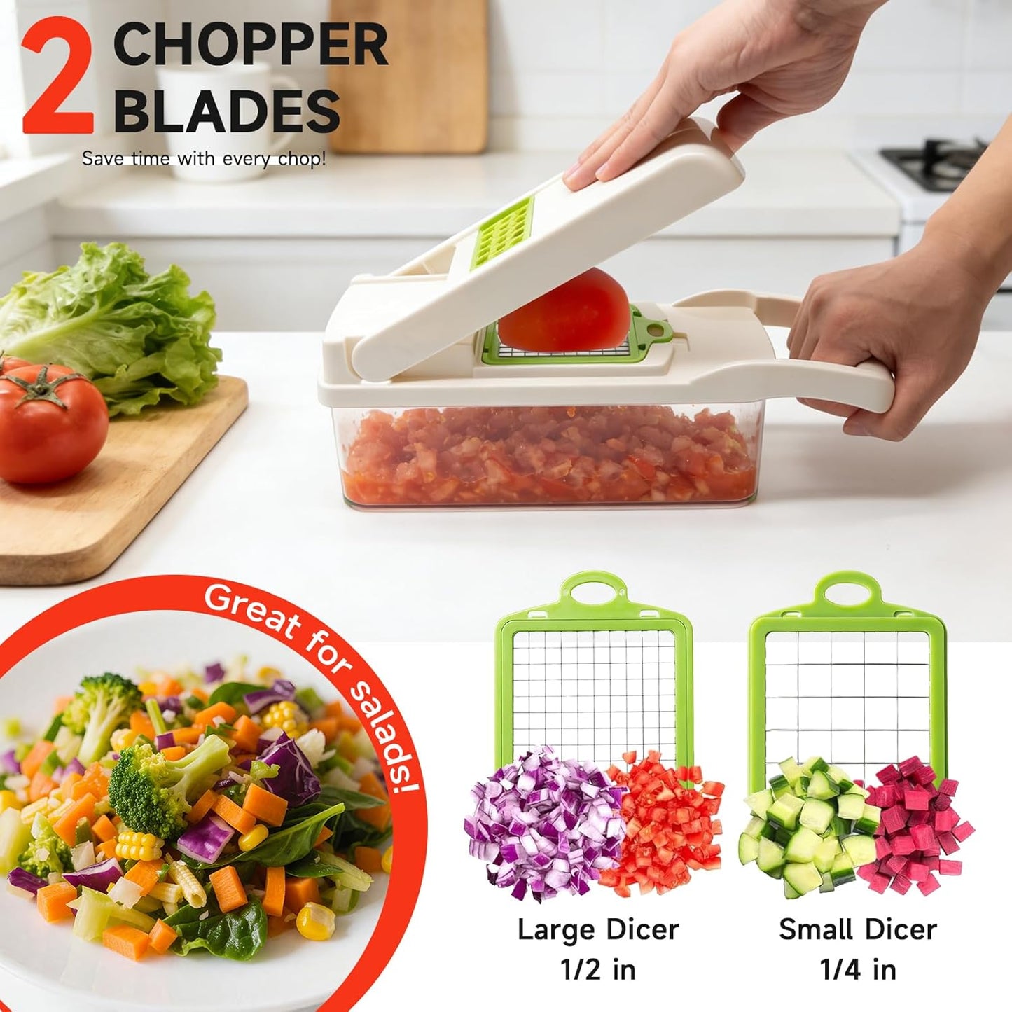 Vegetable Chopper Mandoline Slicer, 15 in 1 Food Veggie Chopper for Onion, Veggie, Cheese Grater, Vegetables Cutter With Large Container, Kitchen Gadgets (White)