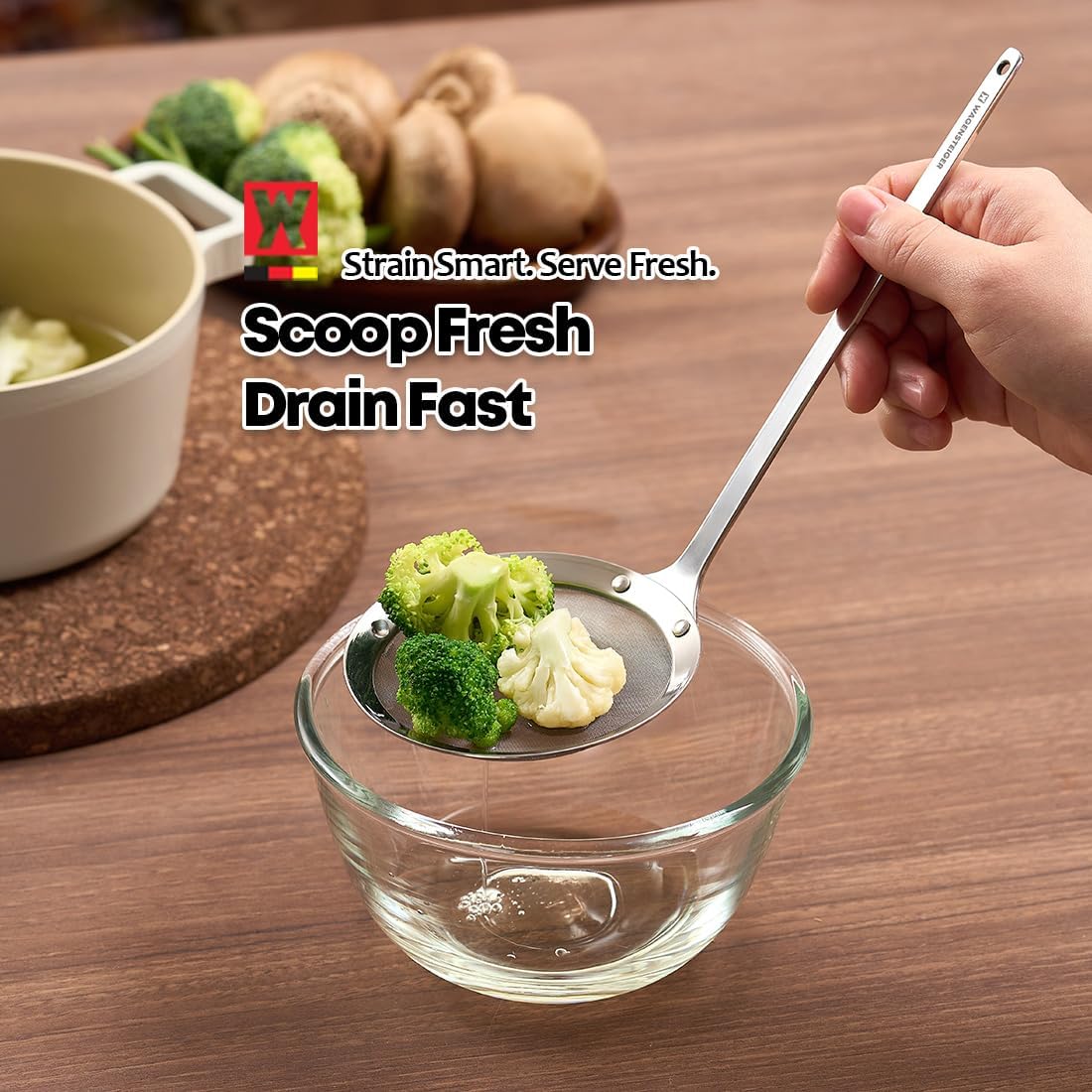WAGENSTEIGER SUS304 Stainless Steel Fine Mesh Skimmer, Long Handle Spider Strainer for Frying, Noodles, Eggs & Vegetables, Professional Kitchen Skimmer Ladle