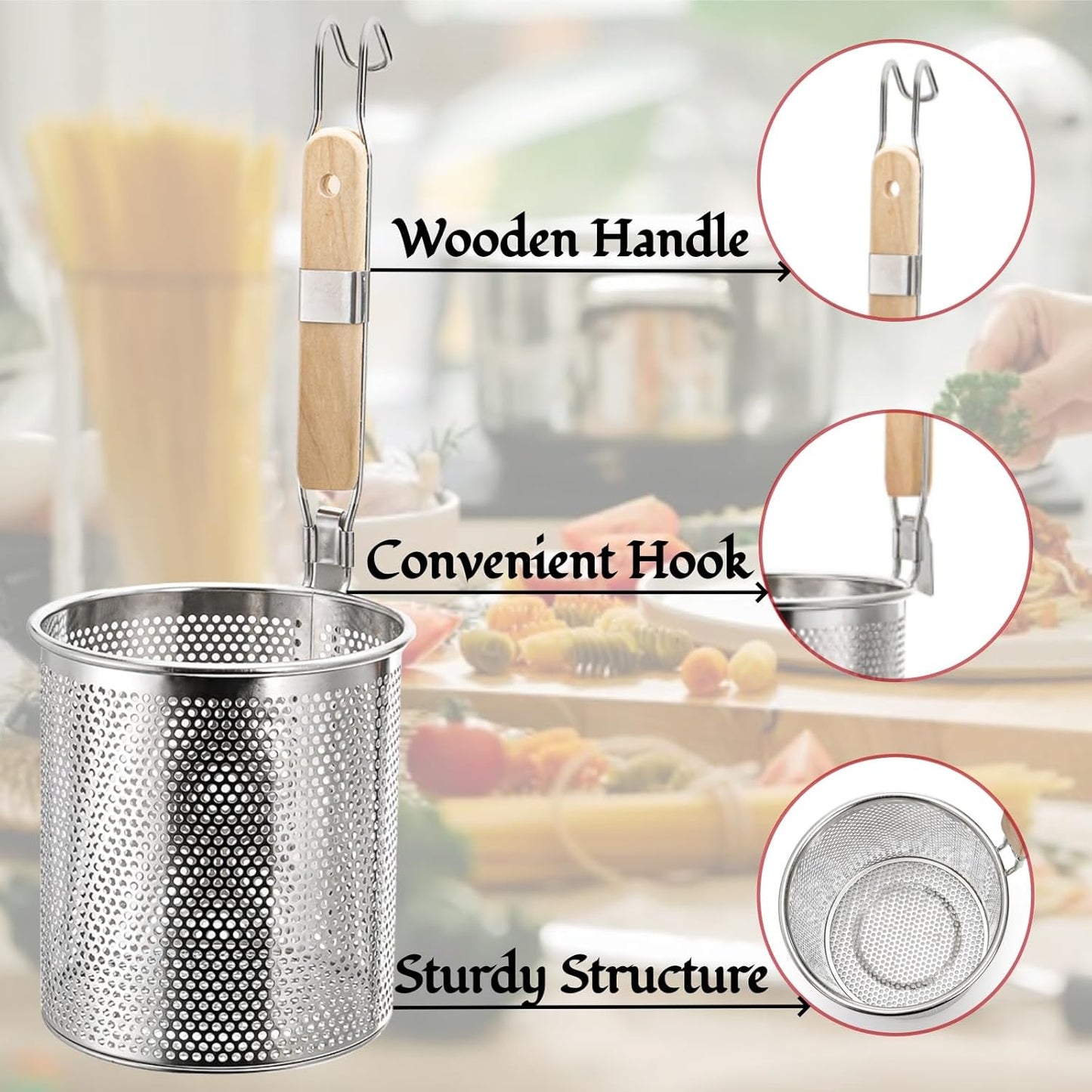 ZAVOOS 4 Pack Pasta Strainer, 5.5''D x 6''H Large Stainless Steel Mesh Spider Noodle Basket with Wood Handle, Fine Kitchen Food Skimmer Cooker for Spaghetti, Dumpling Boiling, Rinsing, Blanching