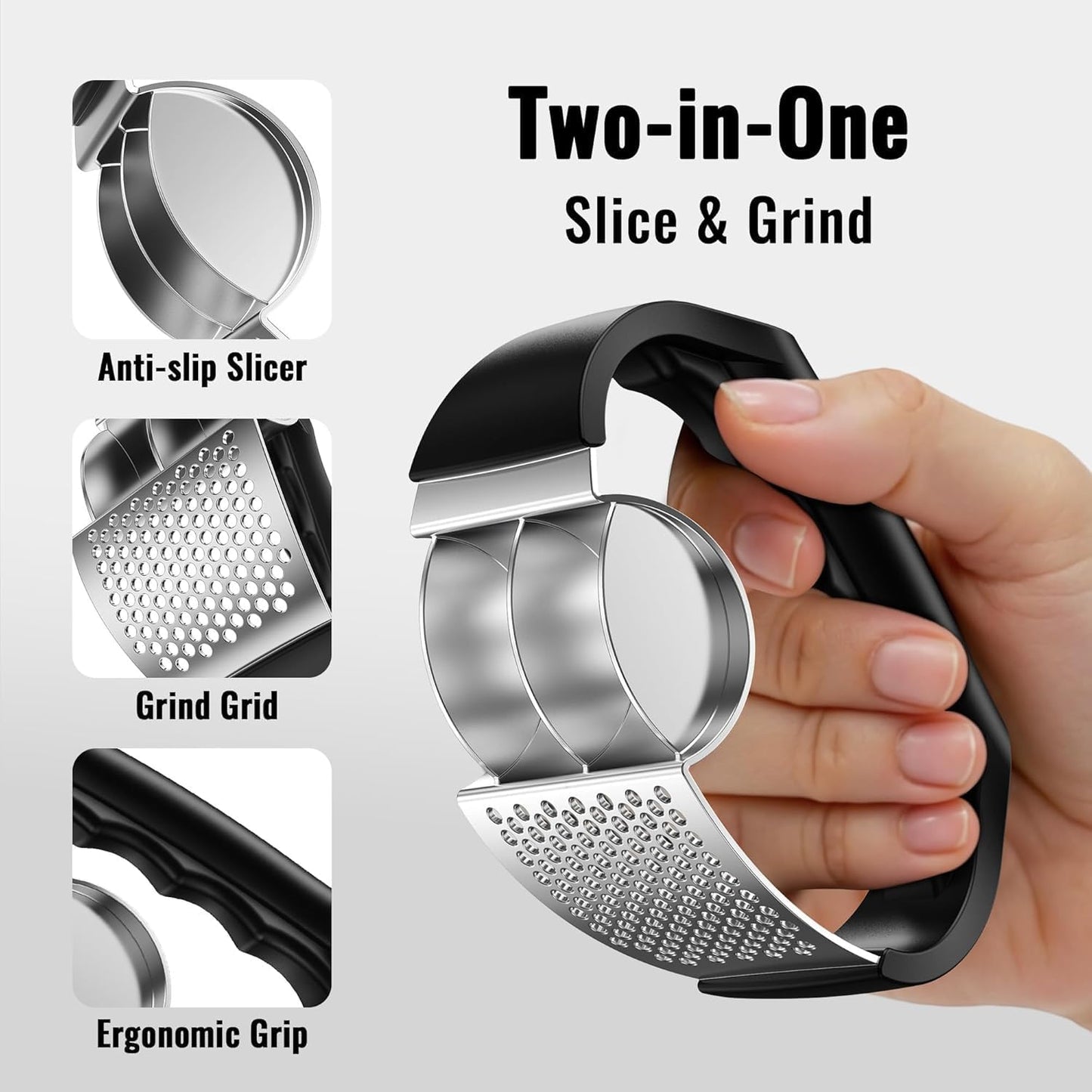 Garlic Press Rocker - NEXZEN Stainless Steel Garlic Crusher, 2-in-1 Easy Kitchen Gadget for Effortless Smashing