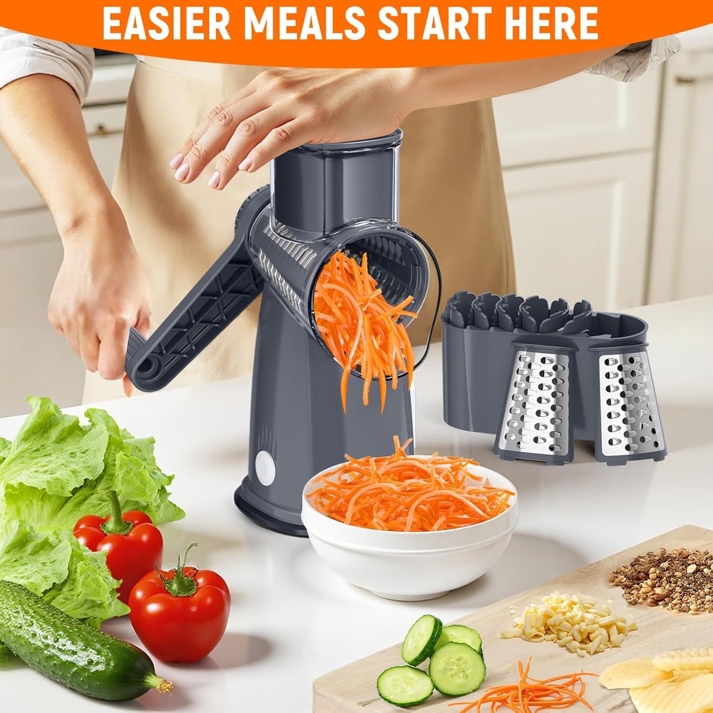 SpaceHacks Rotary Cheese Grater Hand Crank, with 5 Blades for Chopper Shredder Spiralizer Slicer for Vegetable Cheese Fruit, Food Chopper for Kitchen with Blades Storage Box & Suction Base (Black)