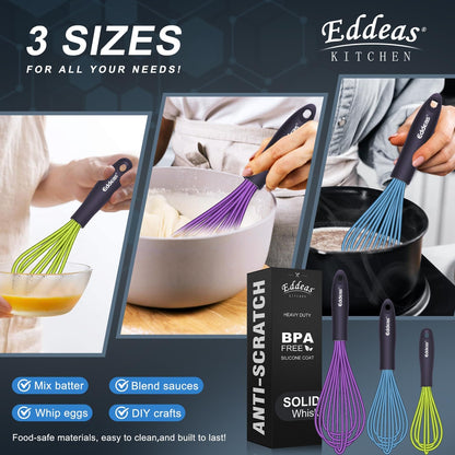 Whisks For Cooking - 500 °F Heat Resistant Silicone Whisk, Heavy Duty 7",9"&11inch Non-Scratch Balloon Kitchen Wisk tool Set, for cooking Wisking, Blending, Beating, Stirring, 3 Piece Black