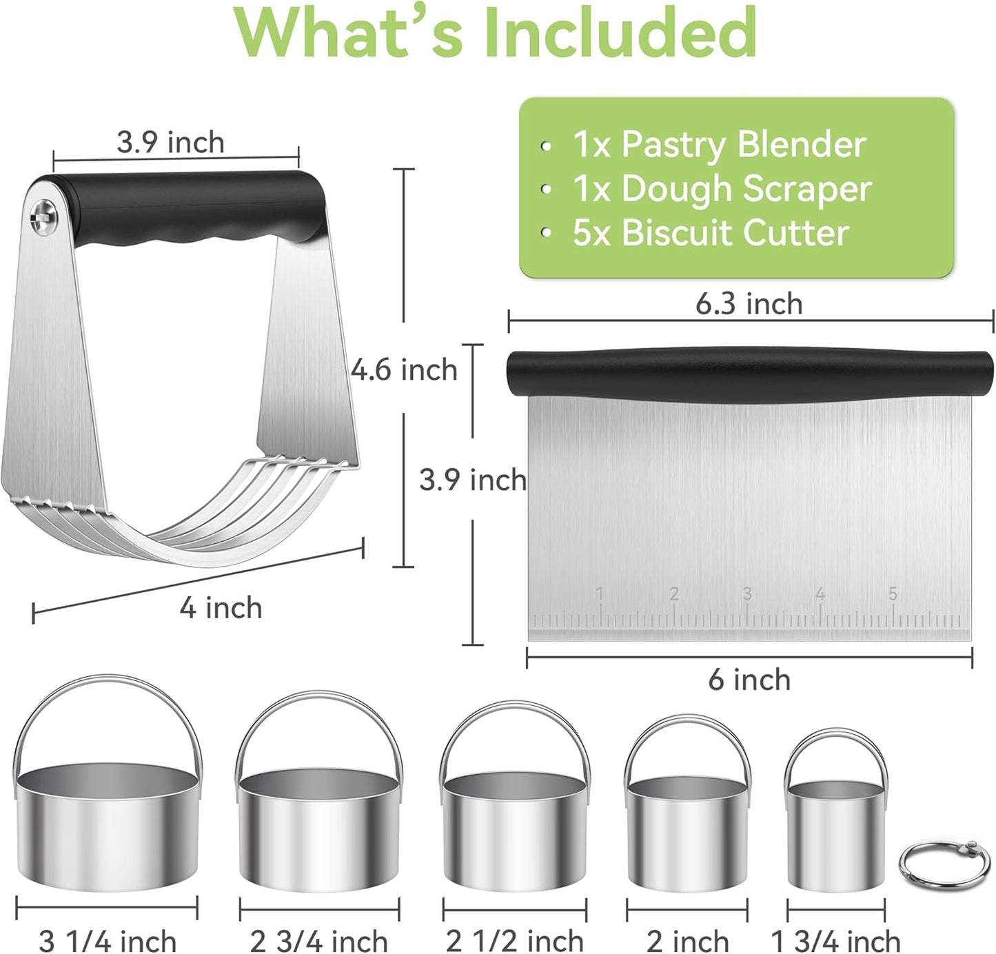 USLAI Biscuit Cutter Set, Stainless Steel Round Cookie Cutter with Bench Scraper & Pastry Blender, Professional Kitchen Baking Dough Tools (3-Piece Set)