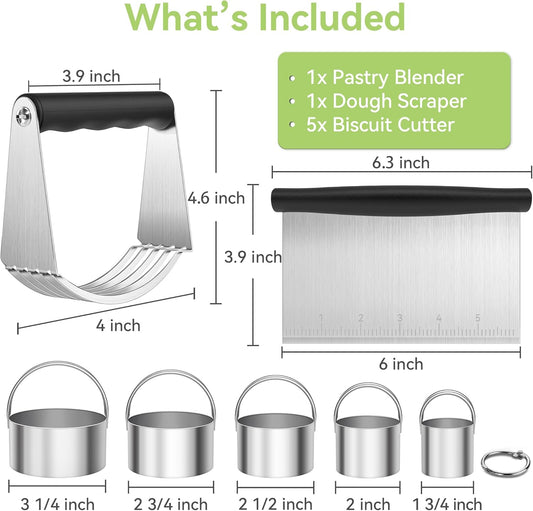 USLAI Biscuit Cutter Set, Stainless Steel Round Cookie Cutter with Bench Scraper & Pastry Blender, Professional Kitchen Baking Dough Tools (3-Piece Set)