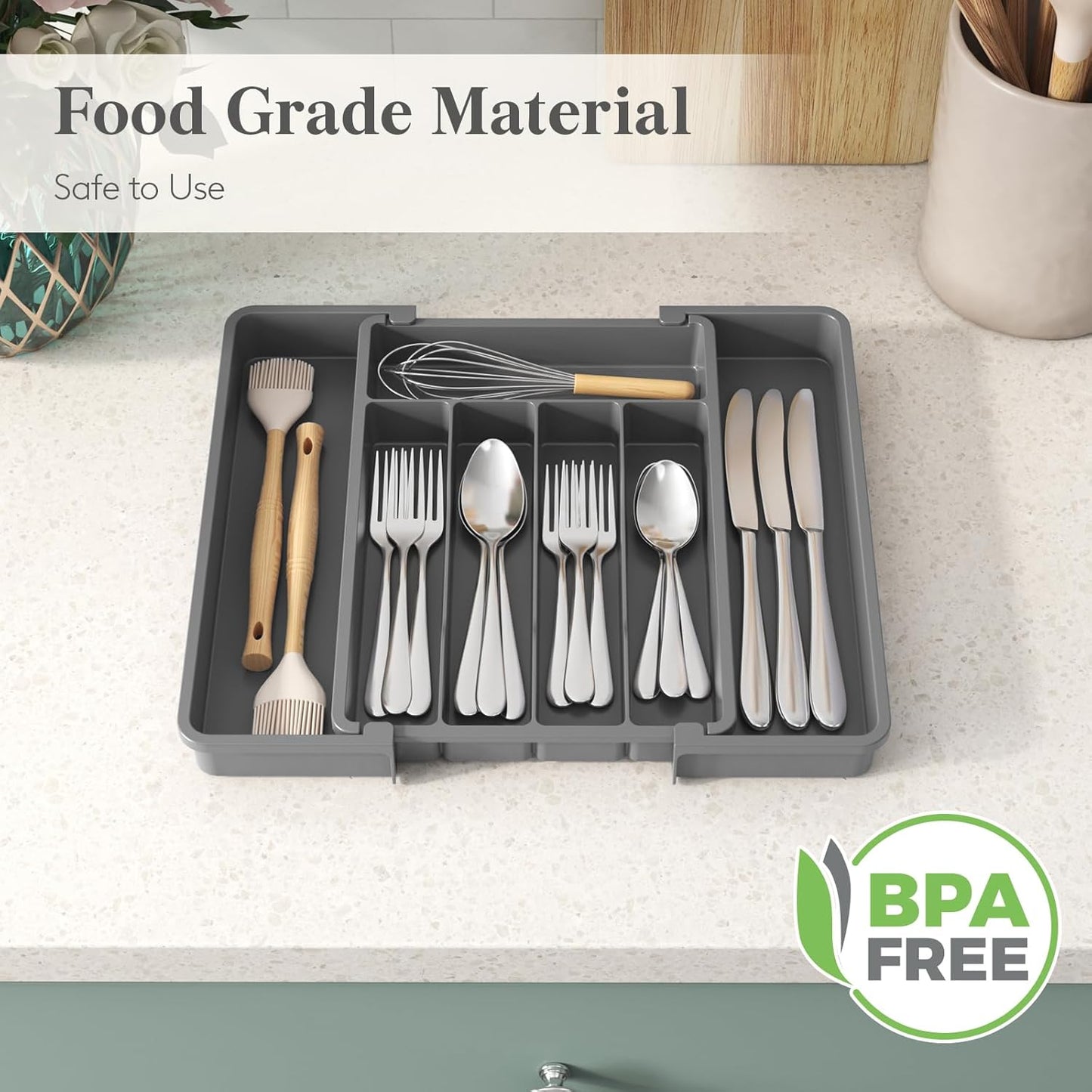 Lifewit Silverware Drawer Organizer, Expandable Utensil Tray for Kitchen, BPA Free Flatware and Cutlery Holder, Adjustable Plastic Storage for Spoons Forks Knives, 11-18 x 14", Black