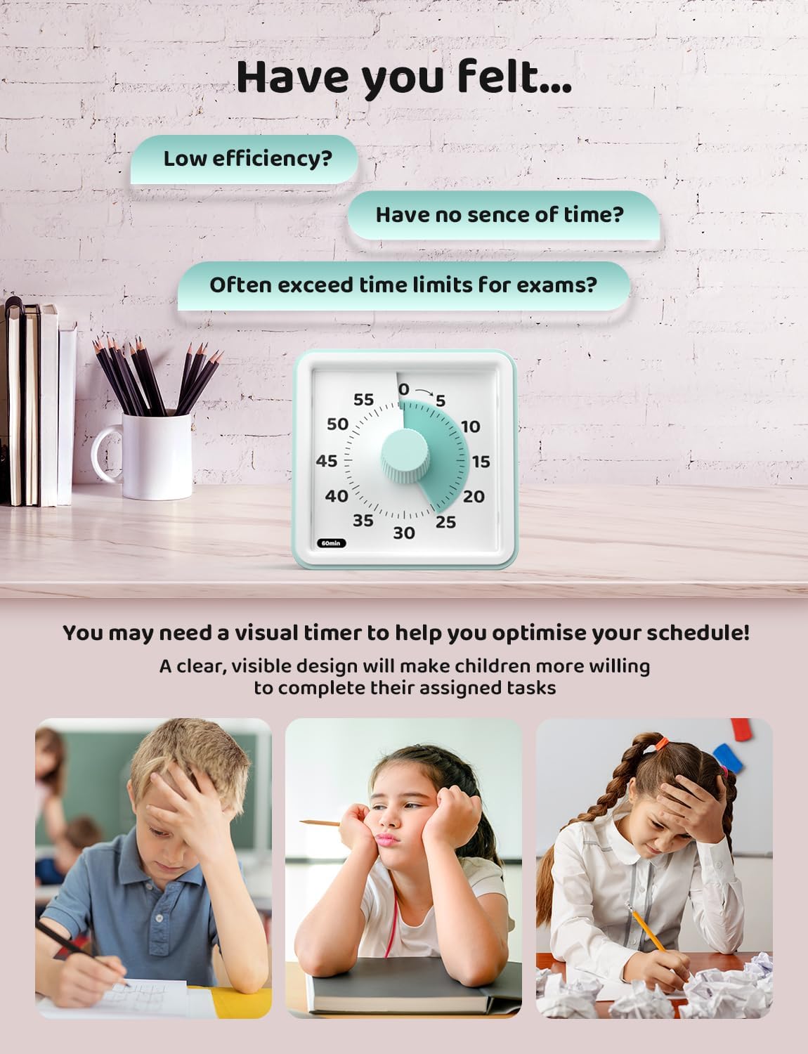 LIORQUE Visual Timer for Kids, 60-Minute Countdown Timers for Classroom Office Kitchen with Silent Operation, Kids Timer for Teaching (Batteries Included)