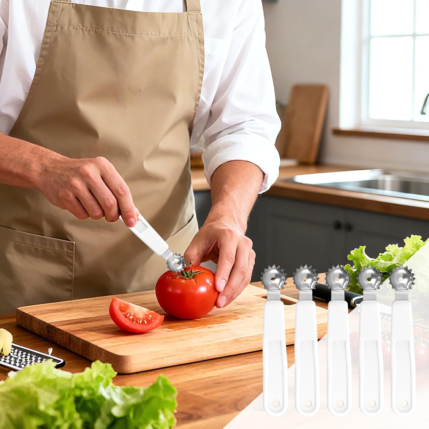 5 Pcs Tomato Corer Tool Strawberry Huller Stem Remover, Handle with hole, Stainless Steel, Fruit Corer Tool for Tomato Strawberry (Red+White)