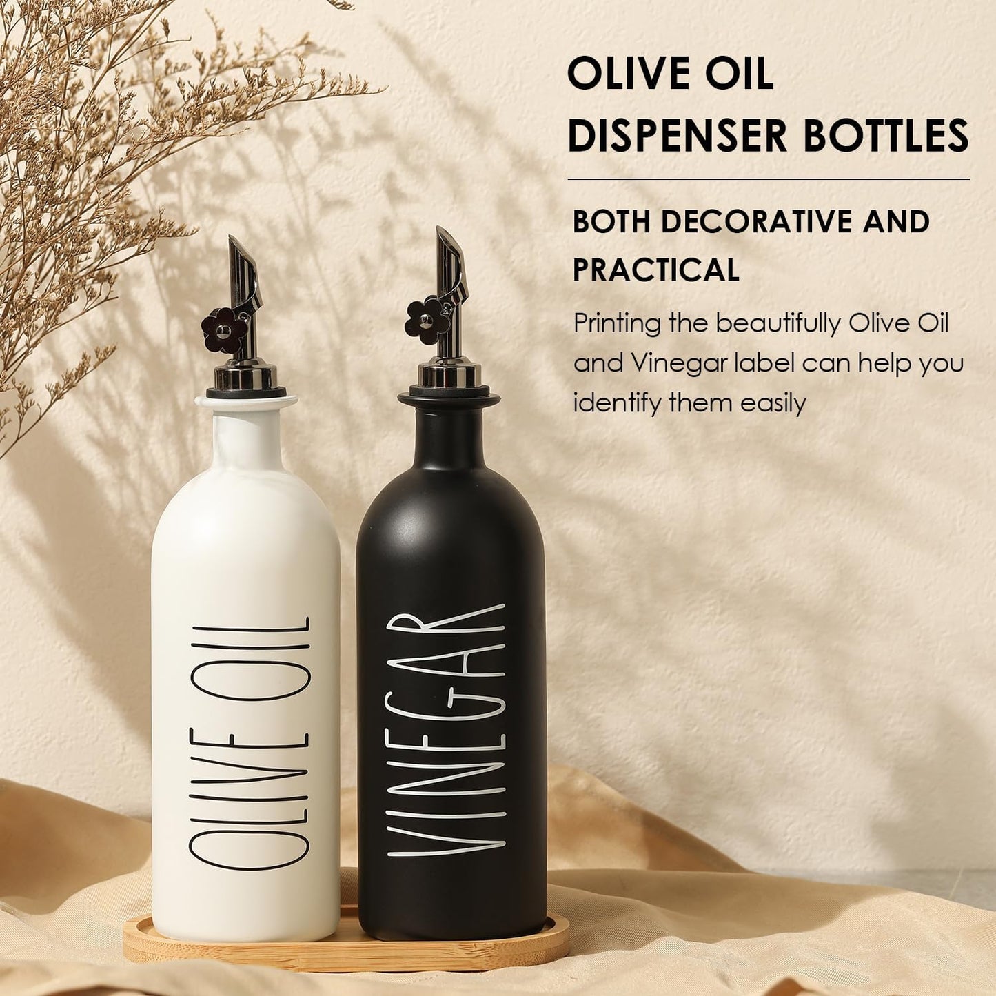 HOMCDALY Premium Olive Oil Dispenser for Kitchen, 11.8oz Glass Oil Bottles with Bamboo Tray, White and Gold Oil&Vinegar Cruet Set, Kitchen Dispenser Bottles with Pourer| Set of 2 (11.8oz –P–Gold)