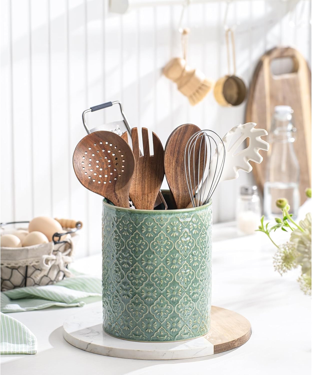 Kitchen Utensil Holder, 7 Inches Large Ceramic Utensil Holder for Countertop, Lace Emboss Cooking Utensil Crocks for Kitchen, Home Decor, Off-White