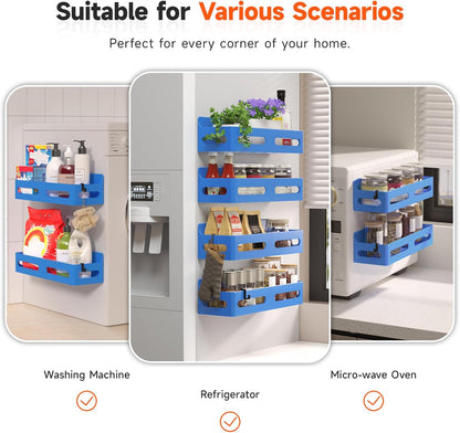 Sevenblue 4 Pack Strong Magnetic Spice Rack for Refrigerator, Multipurpose Magnetic Shelf for Fridge with 4 Hooks for Kitchen and Bathroom Organization, Black