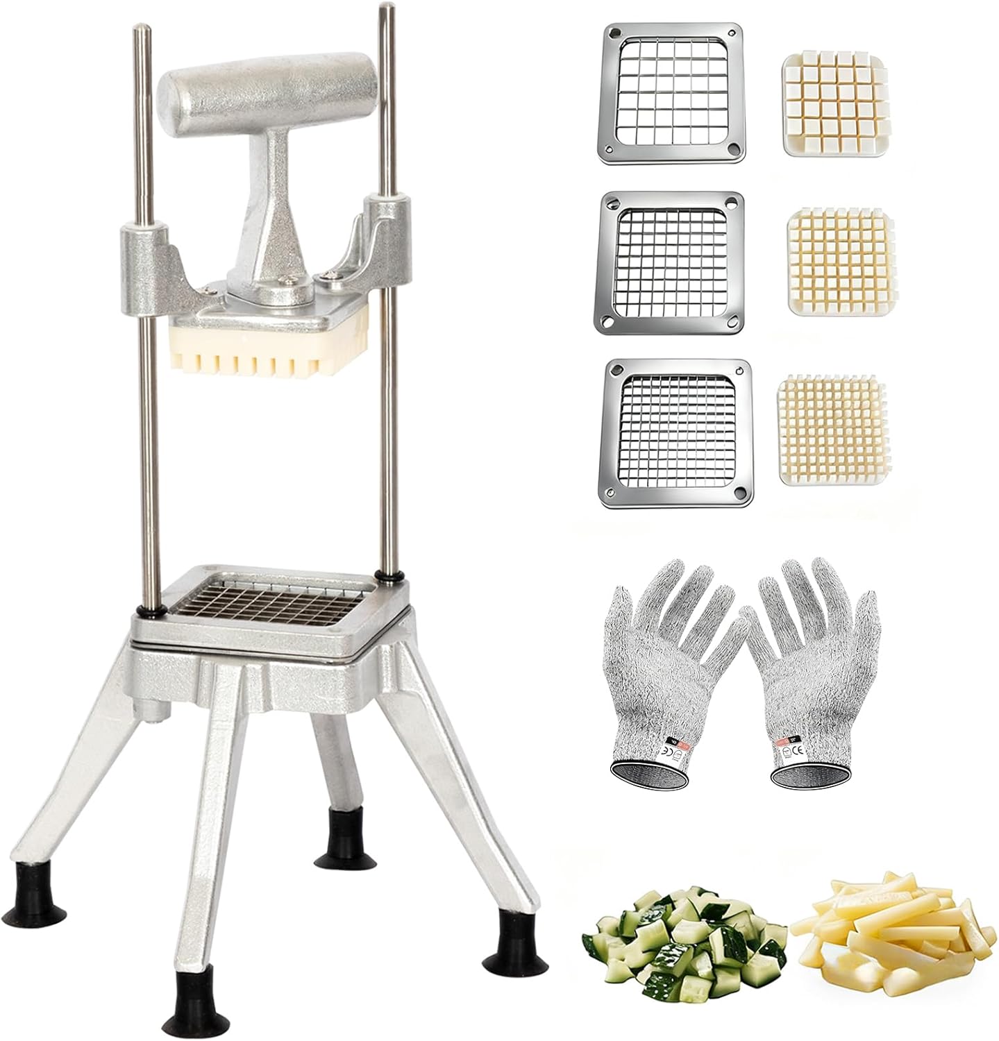 CTJ Commercial Vegetable Chopper & French Fry Cutter with (1/4" 3/8" 1/2") Replacement Blades Stainless Steel Veggie - Home Kitchen or Restaurant Use for Tomato Peppers Potato