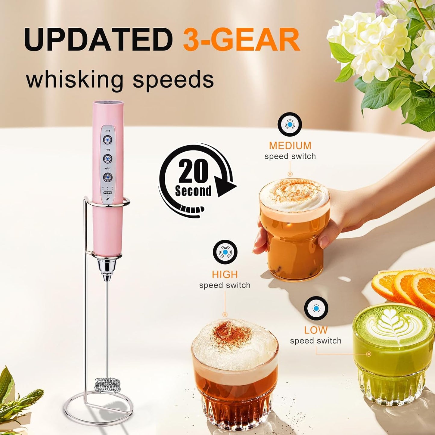 YUSWKO Black Handheld Milk Frother Wand for Coffee, Rechargeable Electric Whisk with 3 Heads 3 Speeds Drink Mixer Coffee Frother For Latte, Cappuccino, Hot Chocolate, Egg