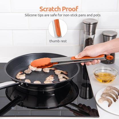 600ºF Heat Resistant Kitchen Tongs: U-Taste 9 inch Silicone Cooking Tong with Firm Sealed Non Stick Rubber Tips & Silicon Coated 18/8 Stainless Steel Handle & Smooth Locking for Serving Salad (Black)