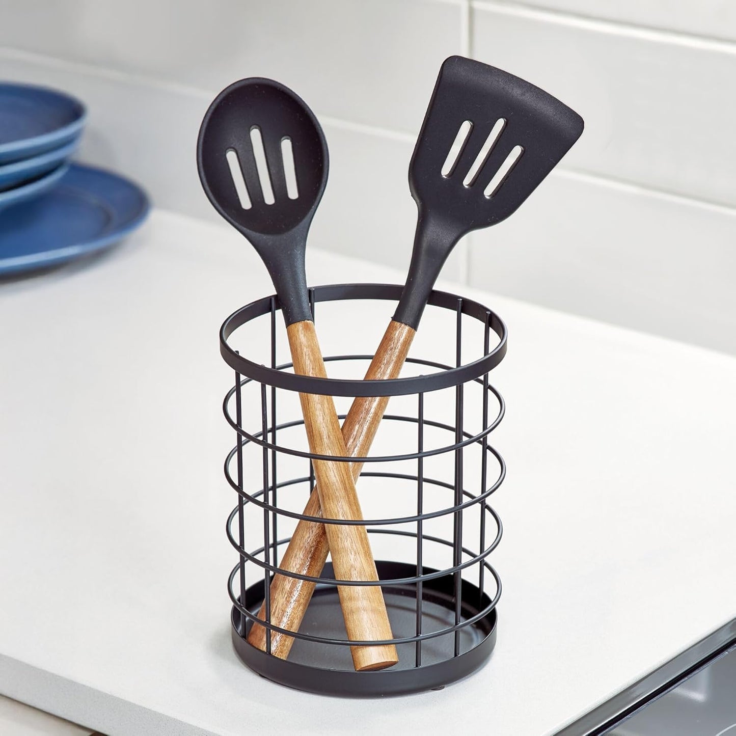 iDesign Kitchen Crock for Utensils - Steel Kitchen Crock Utensil Holder for Countertop - Matte Black