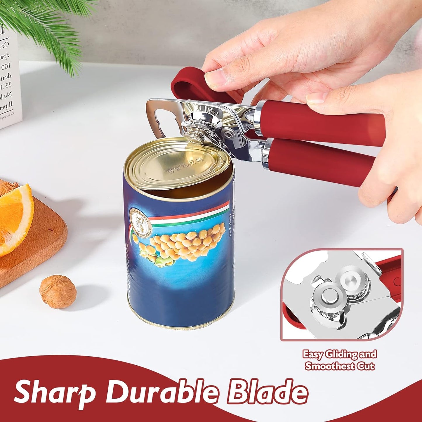 Mebotem 10 Colors Can Opener Manual Handheld Heavy Duty Hand Can Opener Smooth Edge Stainless Steel Can Openers Top Lid Kitchen Gadgets, Best Large Rated Easy Turn Knob, with Bottle Opener, Burgundy