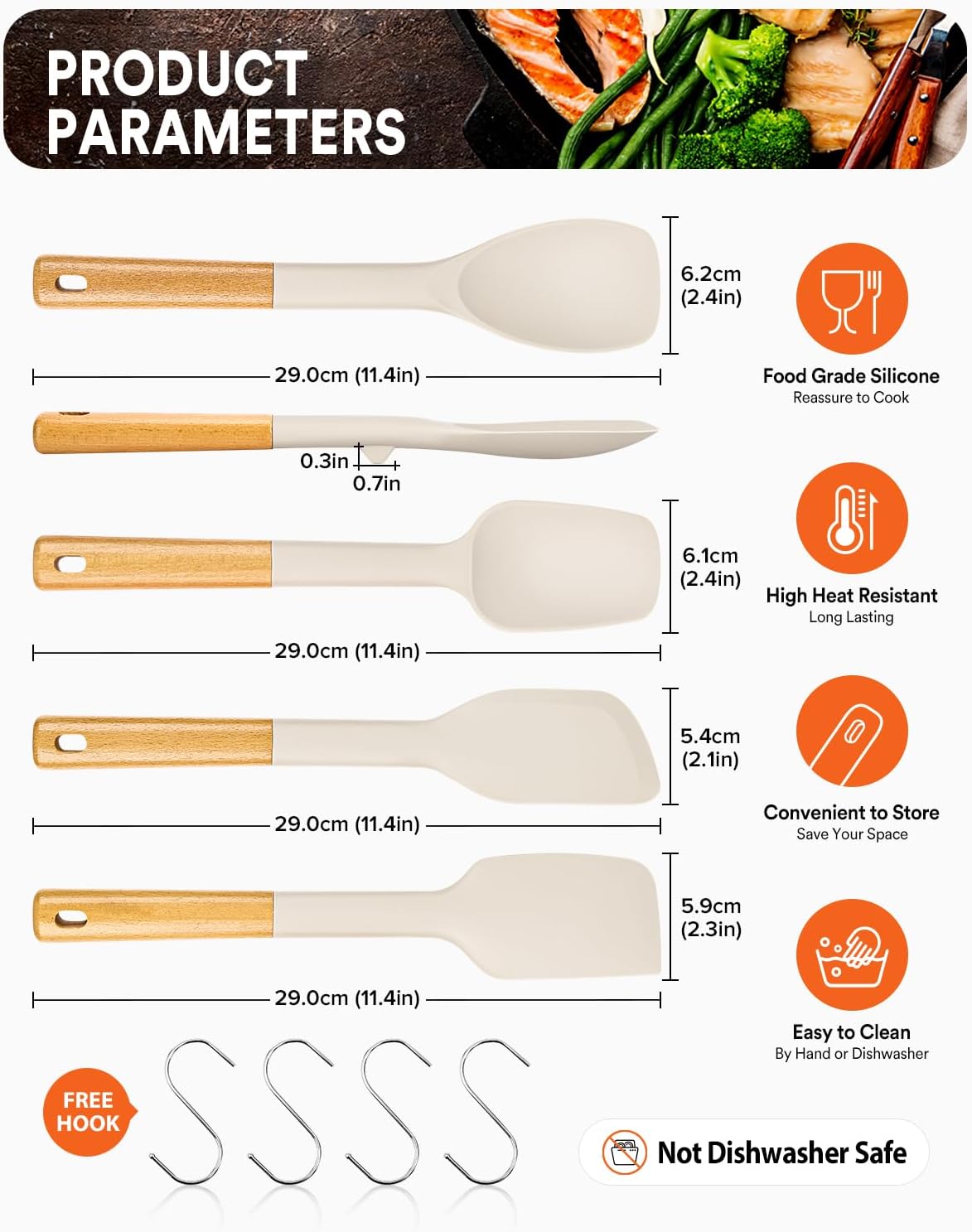 Silicone Spatula Spoon Set, Great for Mixing, Folding, Scraping, and Spreading, Sturdy BPA-Free Matte Silicone, Wooden Handle Rubber Spoonula for Nonstick Cookwares,4 Pack (GREY)