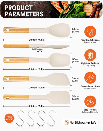 Silicone Spatula Spoon Set, Great for Mixing, Folding, Scraping, and Spreading, Sturdy BPA-Free Matte Silicone, Wooden Handle Rubber Spoonula for Nonstick Cookwares,4 Pack (GREY)