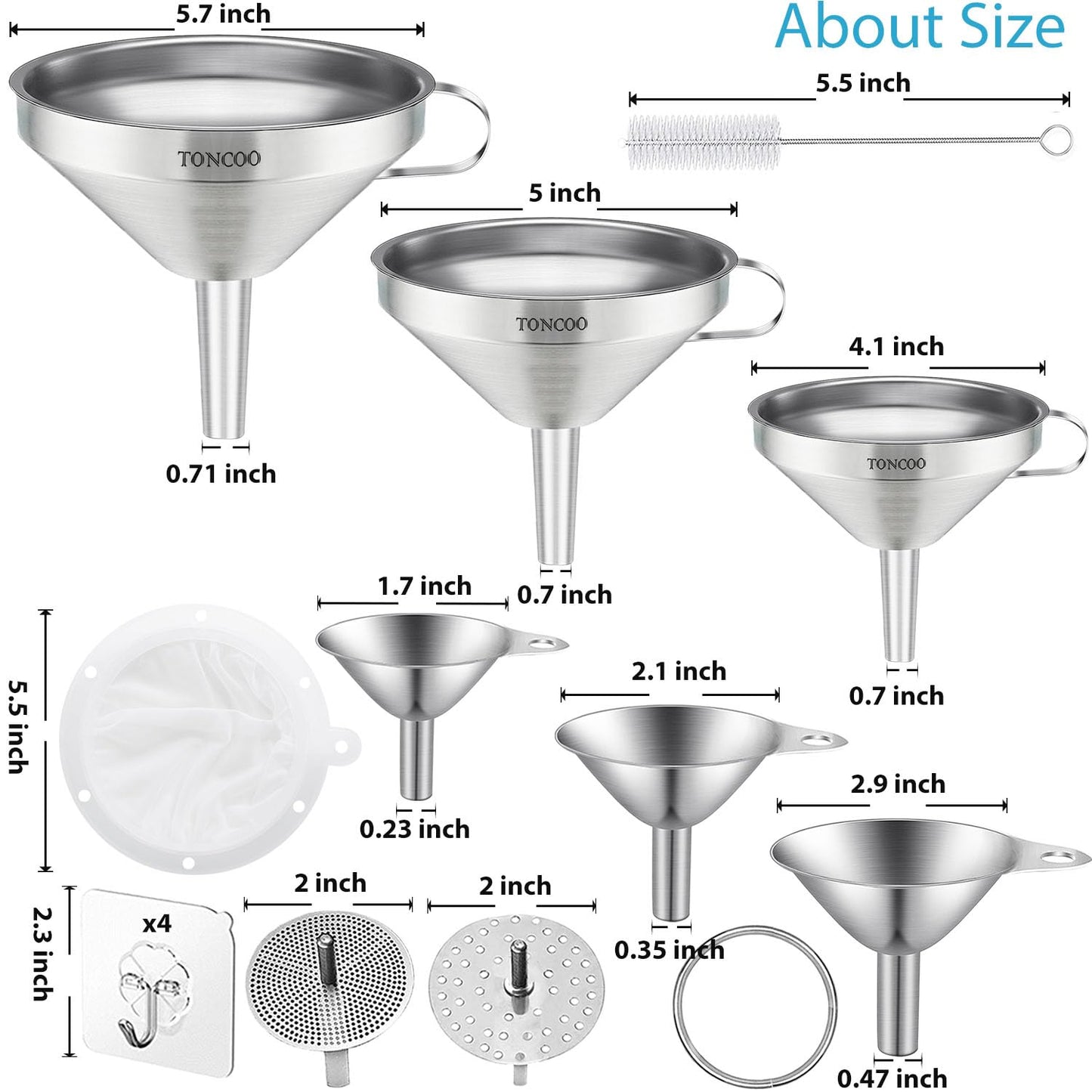 Toncoo 3 Pack Stainless Steel Funnels for Kitchen Use, Food Grade Cooking Funnel with 3 Strainer, Kitchen Funnel Set Metal Funnels for Filling Bottles