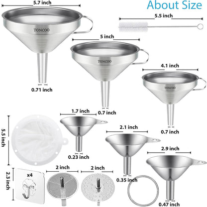 Toncoo 3 Pack Stainless Steel Funnels for Kitchen Use, Food Grade Cooking Funnel with 3 Strainer, Kitchen Funnel Set Metal Funnels for Filling Bottles