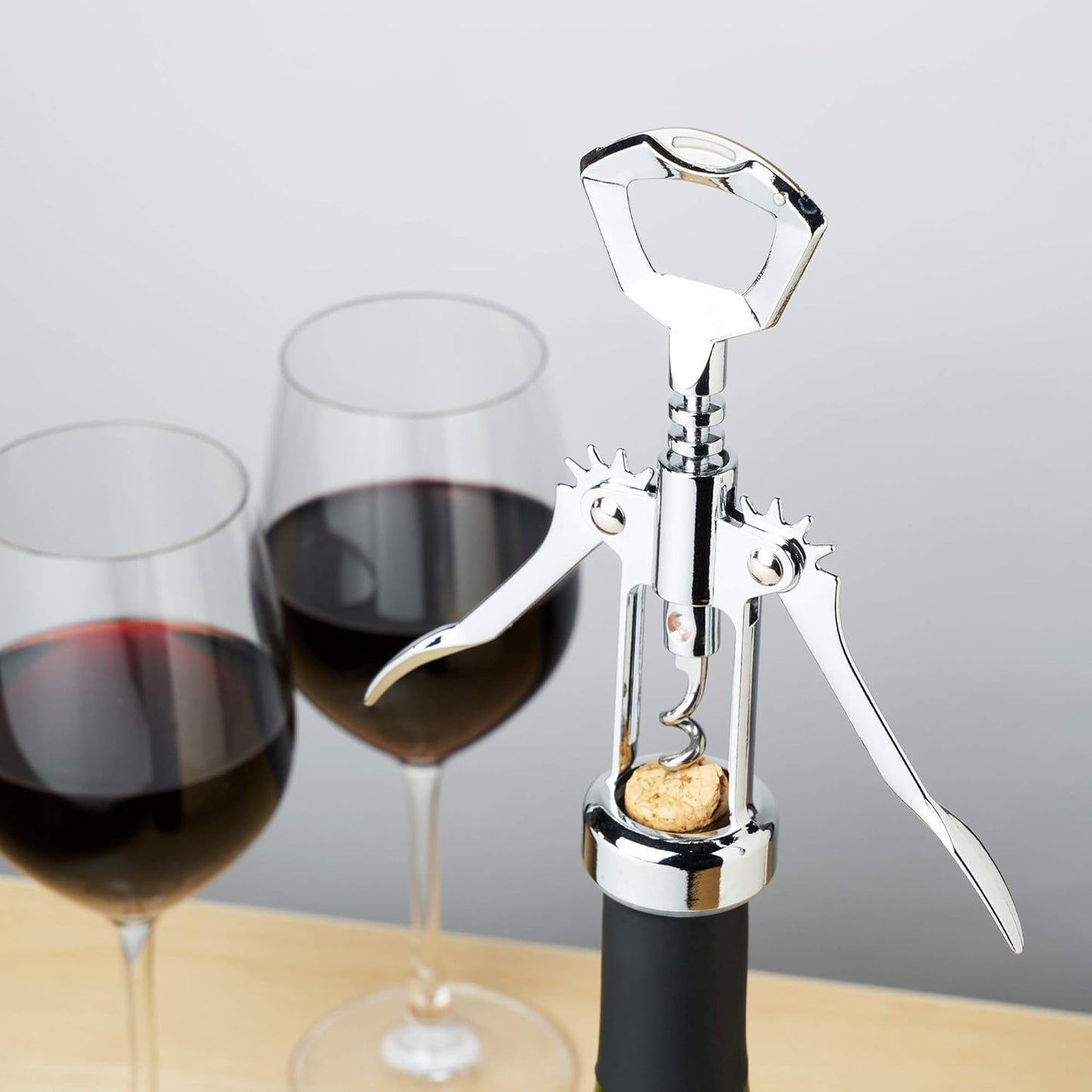 True Spiral Winged Corkscrew Wine Opener, Multi-Purpose Bottle Opener for Beers and Soft Drinks, Stainless Steel with Rubber Grip Wing Handle, for Bartenders, Home Bar, Kitchen, Restaurant, Silver